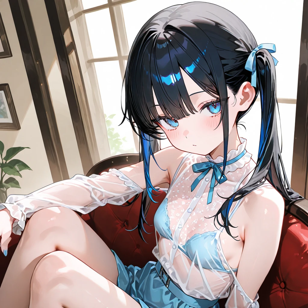 Sitting on a black sofa,looking ahead,from above,side view,face focus,open mouth,tongue out,cum on tongue,lick,(1girl,Beautiful 14 year old girl),((Slender,Small breasts,Baby Face,Small face,)),looking at viewer,Black Hair,bangs,two side up,Gray Eyes,Drooping eyes,slit pupils,narrow eyes,Sheer black and light blue negligee,lingerie,Collar with leash,Beautiful and detailed anime art,Mischievous smile,Dimly lit room,Simple Background,Gray background,Low lighting