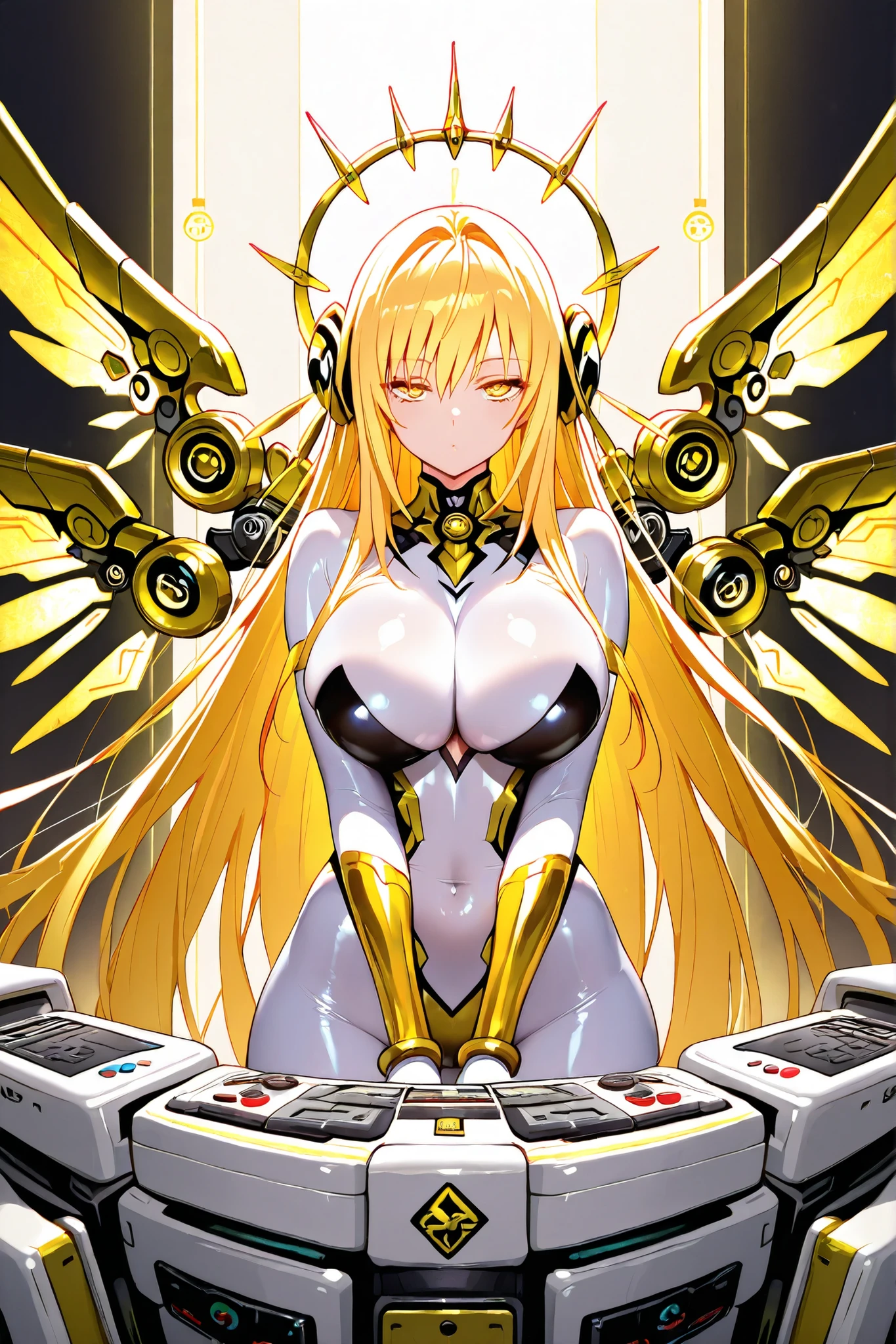 Anime, Girl, (((1girl))), (((Waifu, Kiss-Shot Acerola Orion Heart Under Blade Waifu))), (((Vivid Yellow Hair, Long Hair))), ((Golden Yellow Eyes, Detailed Eyes, Symmetrical Eyes)), (Detailed Body, Detailed Face), Slim Face, Idol Pose, [(((Gold and White Color Scheme))), (((CPU))), (((Console Patron Unit))), (((Hard Drive Divinity))), (((Skintight Leotard))), (((Floating Mechanical Wings))), (((Holographic Wings))), Aura of Golden Light], (masterpiece:1.2), (best quality:1.2), (very aesthetic:1.2), (absurdres:1.2), (detailed background), newest, intricate details,