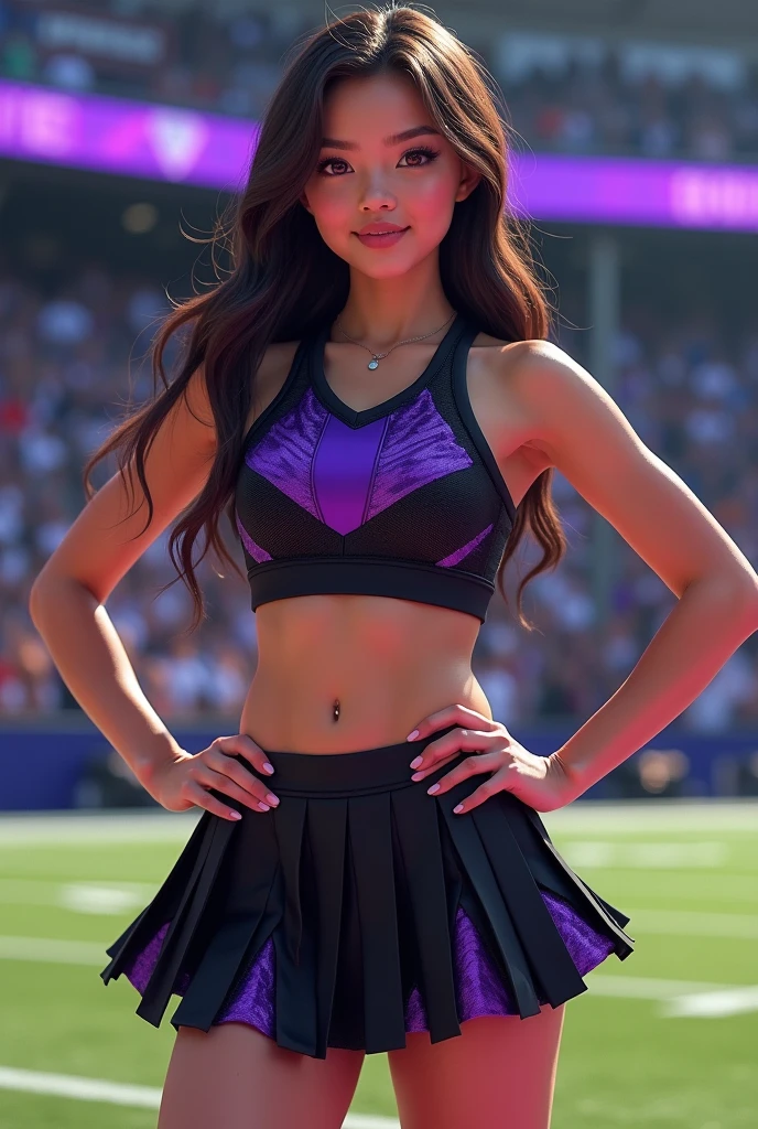 (masterpiece, perfect eyes, photorealistic, intricate details, hi-res, 8k) portrait of girl standing at a basket ball game on court, soft even lighting, 20 years old, beautiful woman, looking at viewer, full body view, piercing brown eyes, shiny purple skirt and blouse, (dress as a cheerleader) . high thigh boots, stockings with belts and garter, cleavage, small perky breasts, large hips, sexy pose, lots of ghetto tattoos all over her arms and legs and chest and stomach, wide hips,very large thighs gap, very small shoulders, twintails, shy smile, red lipstick, shy smile, navel piercing, jewelry, bracelets