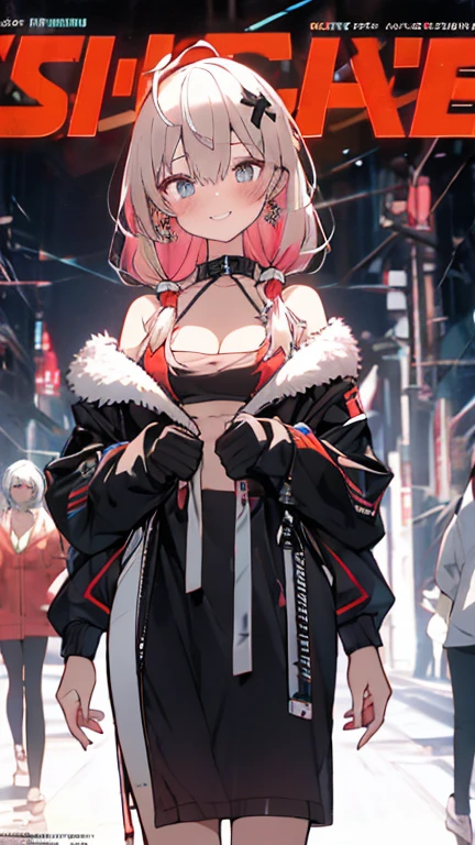 anime girl in a black bra top and red jacket standing in a city, seductive anime girl, oppai cyberpunk, anime moe artstyle, attractive anime girl, anime style. 8k, cyberpunk anime girl, kantai collection style, anime style 4 k, biomechanical oppai, anime waifu, ecchi anime style, oppai, modern cyberpunk anime