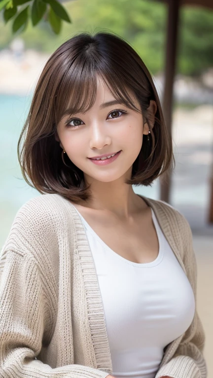 (highest quality, 4K, 8k, High resolution, masterpiece:1.2), Brown Hair、short hair、her breasts are beautiful and big。Riding a long pole。smile