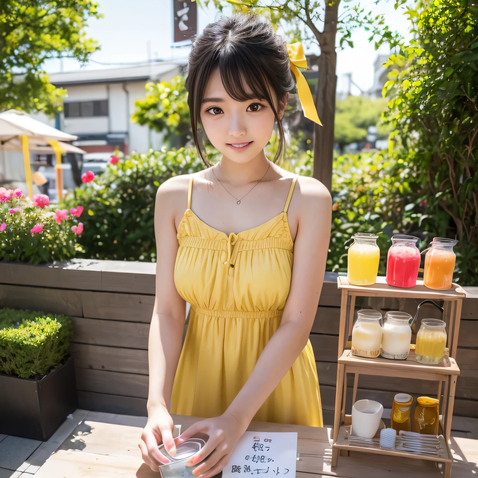 Japanese female, (underweight), (medium bust best quality:1.0), 30 years old, (cheerful grin:1.3),
barbecue, food photo, sitting, looking to the side, semi long, (yellow halter top), (cleavage:0.5), (white shorts), with a chair, full body shot, ((low angle shot)),