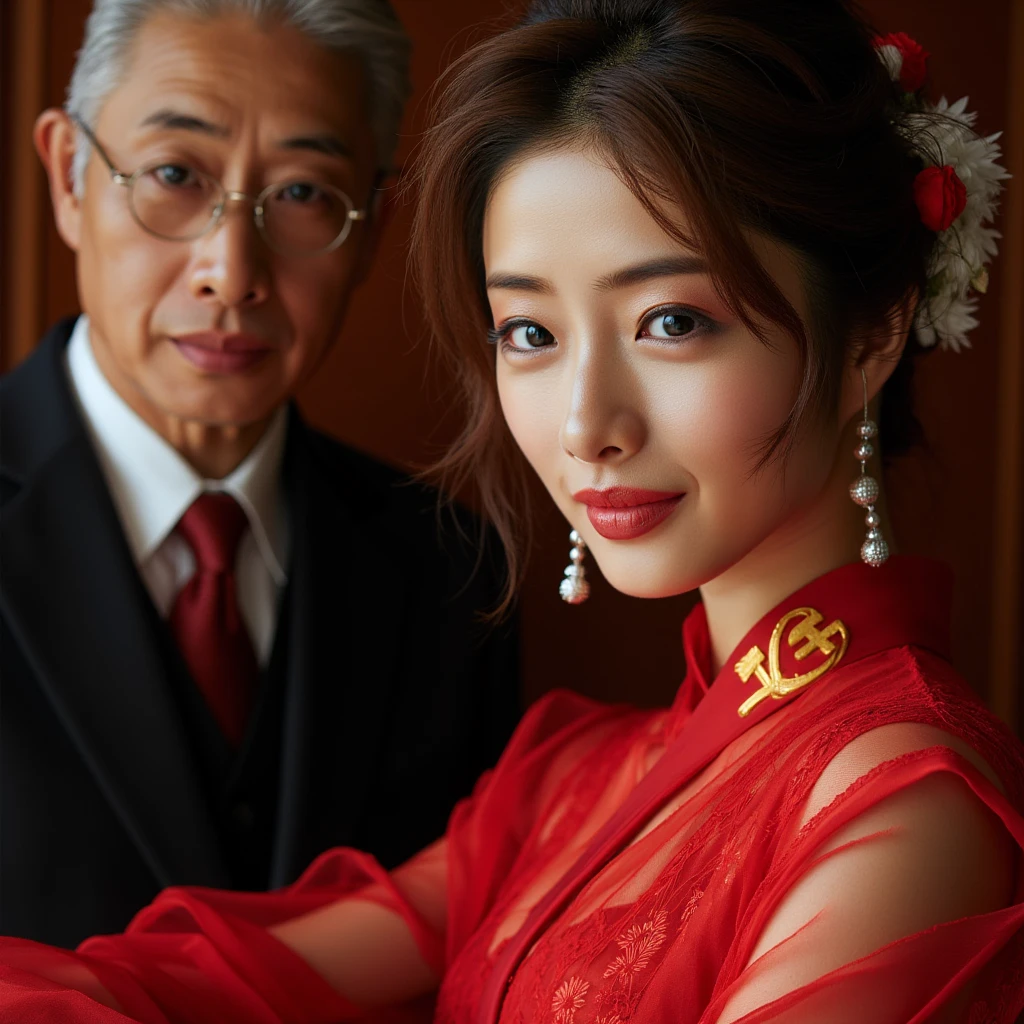 ((Highest quality)), ((masterpiece)), (detailed), (Perfect Face)、The woman is Satomi Ishihara, with her medium-long hair tied up in a bun, wearing a gorgeous red Chinese dress with gold embroidery and trim, a long slit that shows off her thighs, and is dressed luxuriously with gorgeous accessories and an engagement ring.、The woman is smiling gently、The woman is in a luxurious palace in China, embracing and kissing a handsome and dignified middle-aged Chinese man, making love and getting married.