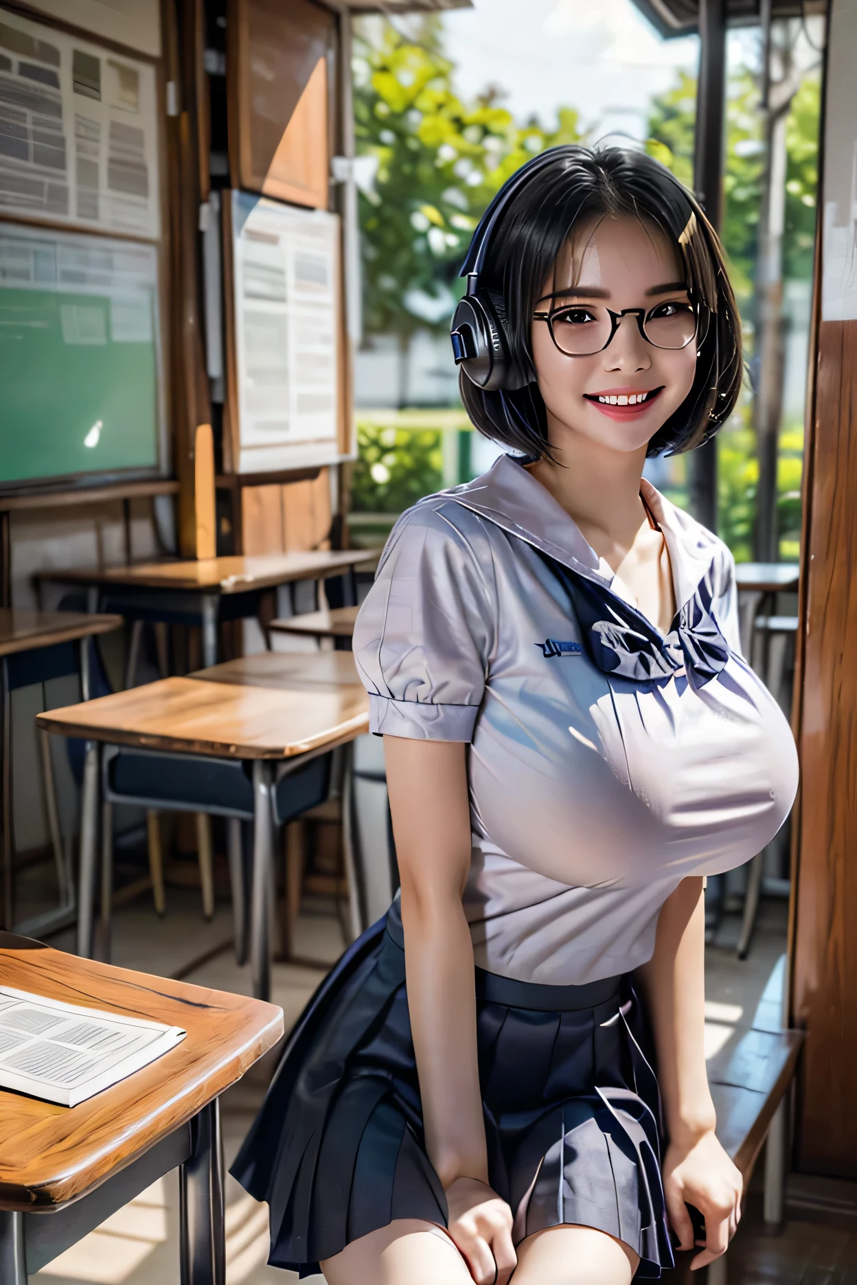 ((masterpiece, Red Gradient)), ((high resolution)), (images), best, high profile, very detailed, (Beautiful hands, perfect hands), (Focus Face:1.2), ((1 girl in)), Thai girl, , หญิงbig breasts 1 คน, Dark Black, ( short black hair1 .5), (big breasts:1.5), (smile:1.3), with glasses, stand gracefully, miniskirt,  shiny white skin , (front view:1.3), (Very thin:1.3), (cute face:1.3), (looking at the audience:1.4),  kawaii face , thin lips, girls in the classroom, headphones sitting on the desk., mobile phone, put the iphone 16, In the iphone 16, clear facial details, Sharp focus, beautiful body and face, cute face, perfectly focused, (school uniform:1.2), Short hair with bangs, in the twilight city, (Cowboy Shooting:1.2), Famous Thai idol, (stand:1.3)