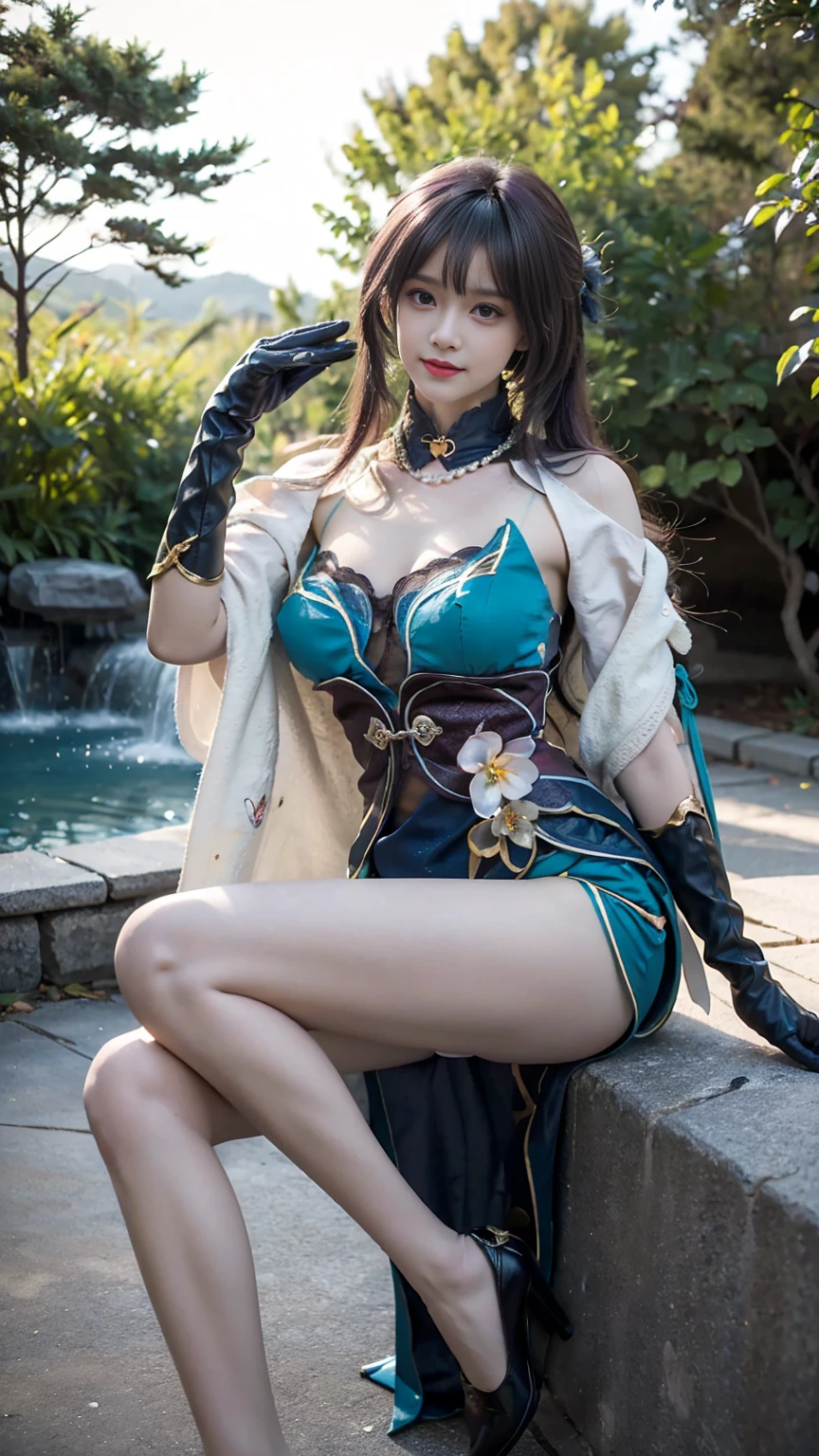 gwendolyn, (hip feathers, strapless dress, crown, detached sleeves, choker, armored thigh boots, feather hair buns:1.2), holding polearm, holding polearm on her hands, 1girl, seductive expression, sexy eyes, big breasts, smile, cute, looking at viewer, (very light violet hair:1.2), (breast focus:1.2), (realistic:1.2), (realism), (masterpiece:1.2), (ultra high quality), (ultra detailed), (8k, 4k, intricate), (full body:1.5), (85mm), light particles, lighting, (highly detailed:1.2), (detailed face:1.2), (gradients), colorful, (detailed eyes:1.2), (detailed garden with fountains:1.2), (detailed background), (dynamic angle:1.2), (dynamic pose:1.2), (rule of third_composition:1.3), (Line of action:1.2), wide shot, daylight, solo.