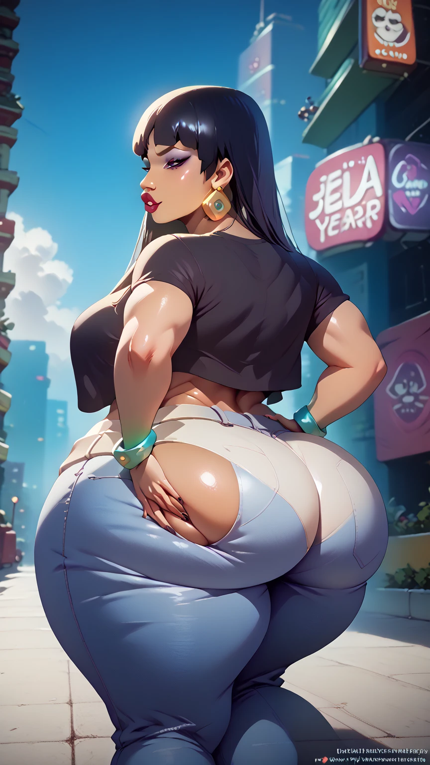 High school girl, sailor uniform, black legging pants, thick thighs, super wide crates, gigantic tits, big ass, back.