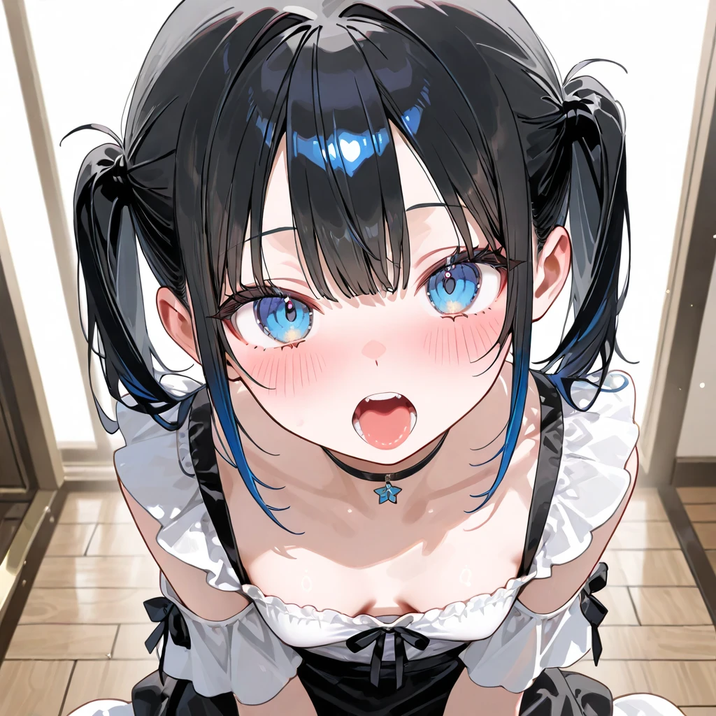 Hands behind back,stand,Straight Stand,open mouth,tongue out, on tongue,1girl,((((15-),Short,slender,small breasts,front view,ace,from front,(looking down:1.5),(from above),(look at viewer),cowboy shot,Black Hair,Medium Hair,two side up,Gray Eyes,Drooping eyes,slit pupils,narrow eyes.Mischievous smile,Sheer black and light blue negligee,Sexy Lingerie,Collar with sh,Dimly lit room,Gray wall,Dim lighting,Beautiful and detailed anime art,