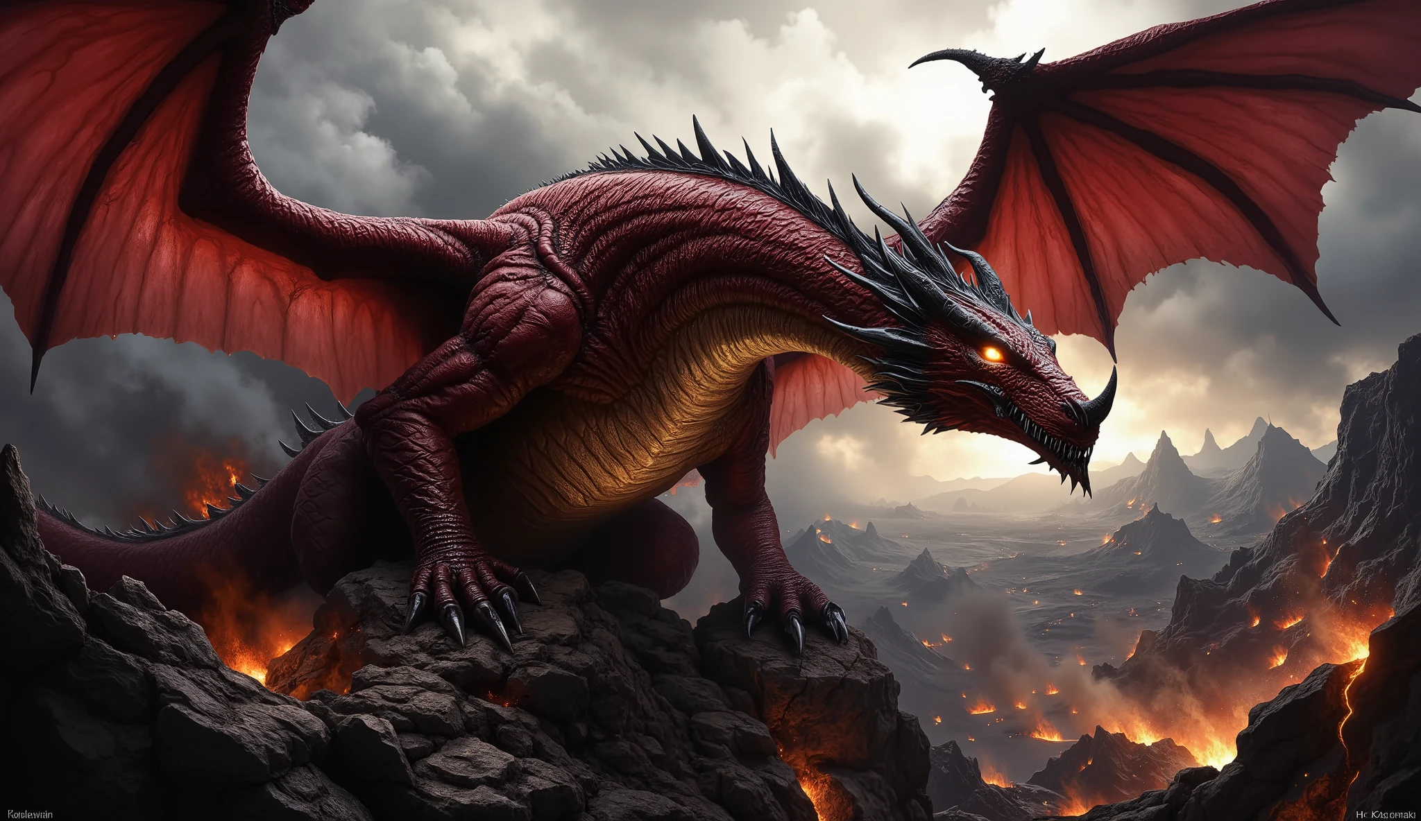 Hyper-realistic fantasy depiction of a massive ancient red dragon perched atop a rugged volcanic mountainside. Its scales are deep crimson and darkened with soot, detailed with texture like weathered armor plates. Sharp blackened horns curve back from its heavy head, and its golden, predatory eyes glow faintly through rising smoke. Muscles coil under thick hide, and its vast wings, tattered at the edges, stretch wide, casting a shadow over the cracked stone and molten fissures below. Ash drifts through the air as distant, burned forests and shattered stone fortresses dot the landscape. The background features stormy skies heavy with smoke and distant flashes of lightning. Naturalistic lighting, realistic and movement, cinematic depth, dark high-fantasy tone, rendered in 8K ultra-detailed photorealism.