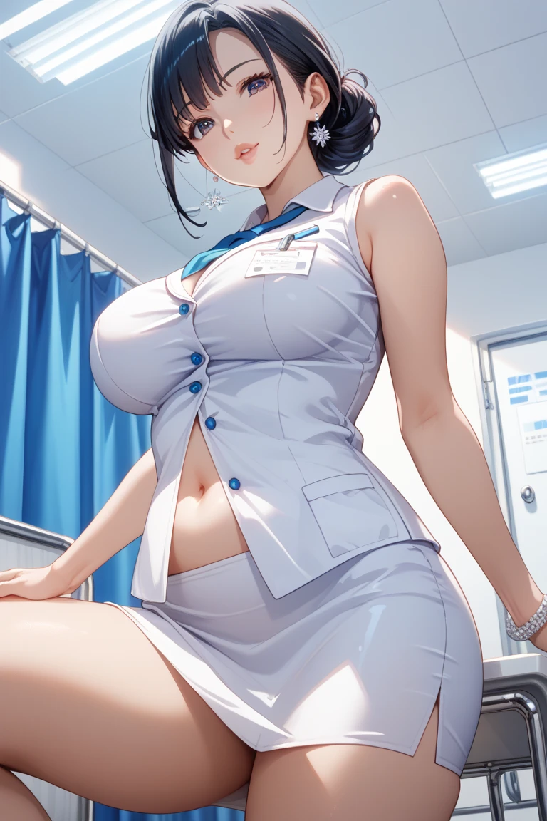 highest quality、masterpiece、Super high quality、32k、1 woman、intellectual beauty、Mature sex appeal、slender、big breasts、thin thighs、long legs、nurse uniform、white lab coat、off shoulder、My chest opened、exy Cosplay、hospital、smile、blush、black short hair、sitting on the bed、angle from below