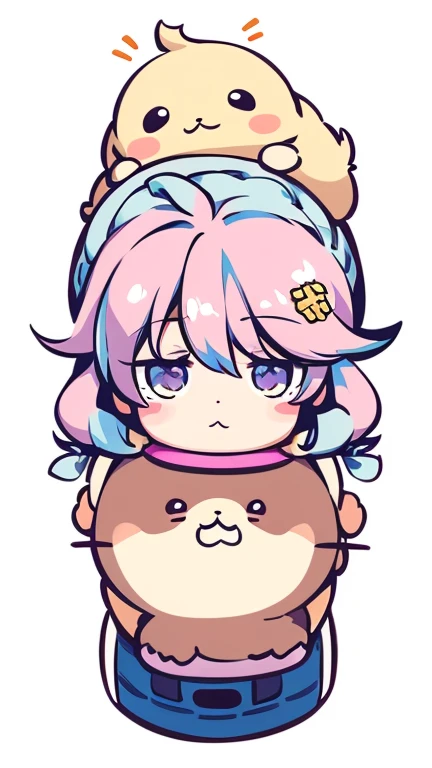 a chibi emoji of an shy anime girl with reddish brown long hair fishtail style, blue eyes,sharp jawline, thinks , puzzled