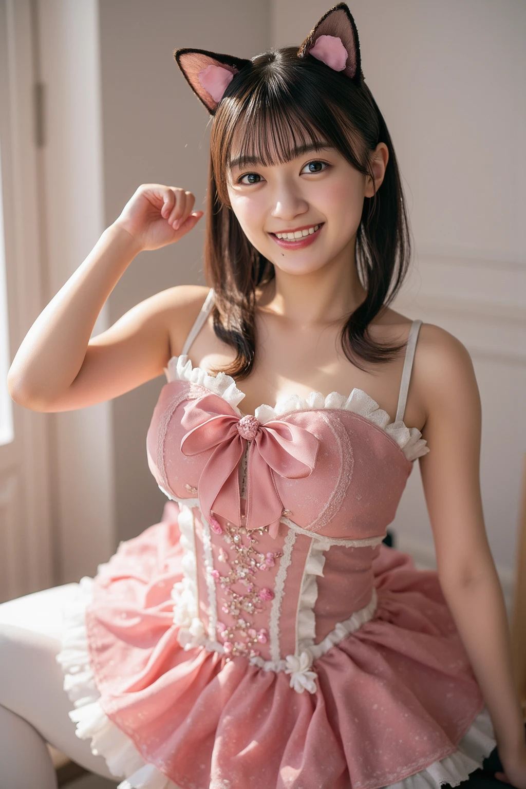 Close-up of a woman in a pink dress and crown lying on a bed, Gorgeous maid, Enchanting anime girl, A sophisticated gravure idol, Japanese Goddess, Real young gravure idol, Real fleshy gravure idol, Beautiful and attractive anime woman, Anime Girl Cosplay, Trending on cgstation, Young Sensual Gravure Idol, Cute seductive smile, tits, Attractive anime girl