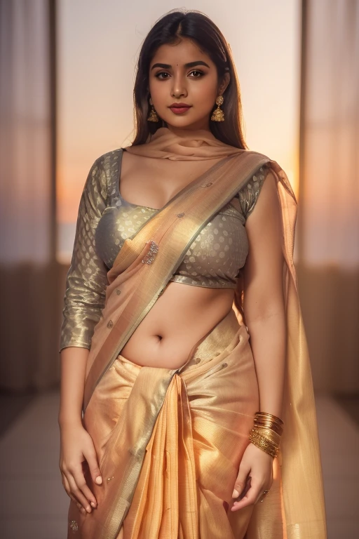 Masterpiece, a beautiful Indian woman front view, (Aishwarya Rai), (fantasy library background), (pink cotton saree with laced edges), (golden metallic shiny blouse), glasseedium breasts), perfect body, black hair, hair tied in aa loose bun, legs, (skin texture:1.1), best quality, ultra high res, (photorealistic: 1.4), Raw photo, by Ellen von Unwerth, Nikon D850 Film Stock Photography, F1.6 Lens, Rich Colors, Realistic, Cinestill 800, backlight, rimlighting, studiolighting, erotic photoshoot, from front, office meeting room background