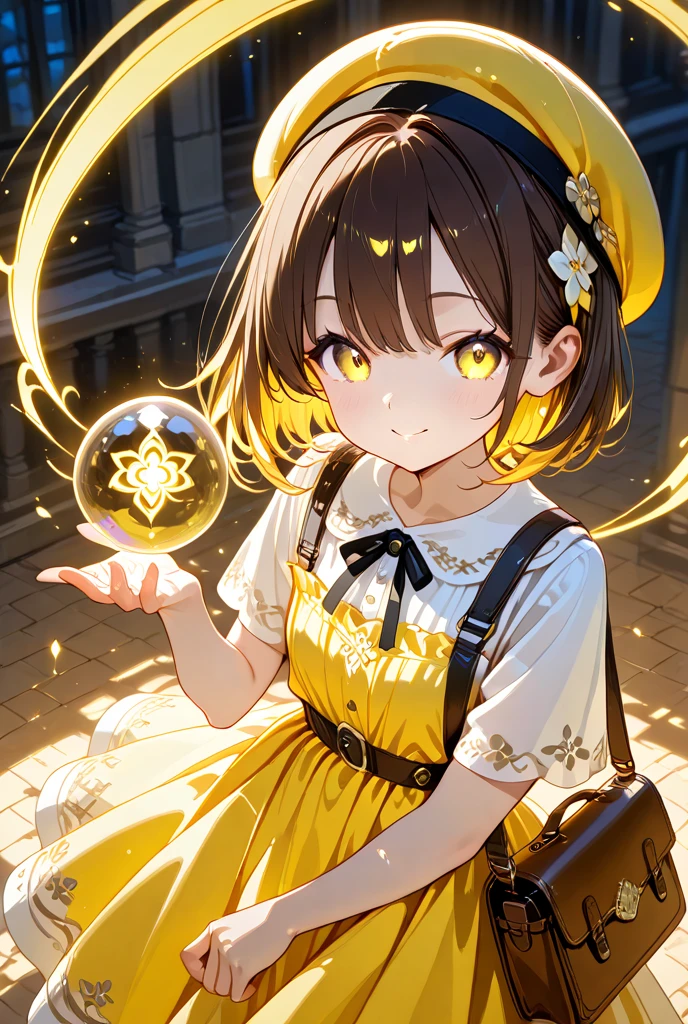 (best quality, masterpiece), 1girl, (curly hair:1.3), rich girl, ((girl)), short, short hair, sunburnt skin, fancy eyes, glow, lights,  vitorian, glittering, menacing glow, elegant clothes, smile, ((backlight:1.2)), color palette consisting of gray| yellow | black
