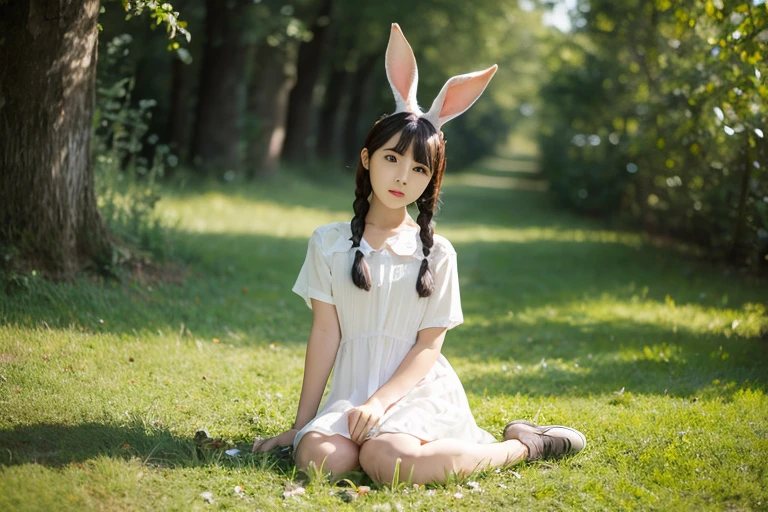 (((Masterpiece))),((top quality)),one beautiful Japanese girl,Pale, (An anthropomorphic rabbit character: 1.5), (rabbit's long floppy ears:1.5)、(((Round tail:1.5)))、(belly button)、(fluffy dress:1.5),(plain clothes), (skin revealing),(The background is grassland 1.5).(((from the front:1.5)))、(straight front: 1.5)、(((crawl on all fours:1.5)))