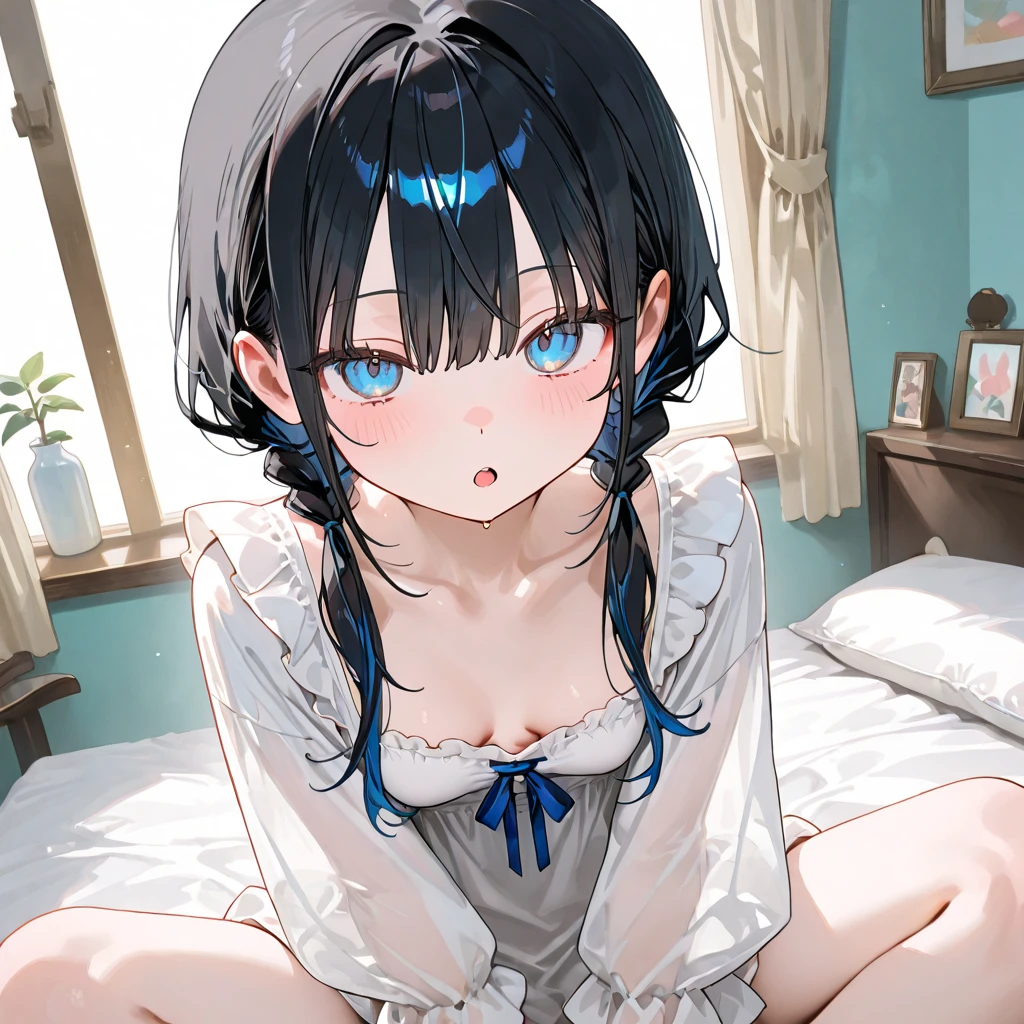 Hands behind back,Tied with hands behind back,lick,1girl,Beautiful 11 year old girl,ager,Short,Tiny,Lanky,slender,Slim,small breasts ,from front,front view,looking at viewer, looking ahead,from above,cowboy shot,1girl,Black Hair,Short Twin Tails,Gray Eyes,Drooping eyes,slit pupils,narrow eyes.Black collar with black leash,A see-through black and light blue negligee,lingerie,open mouth,tongue out,front face,Kneeling,Straight Stand,Beautiful and detailed anime art,Mischievous smile,Sexy vibe,cum on tongue,Dimly lit room,On the bed,Simple Background,Gray background,Dim lighting,