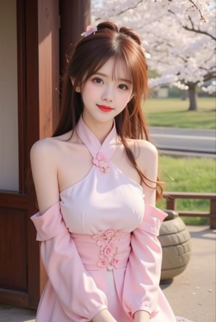 best quality, ultra high res, (photorealistic:1.4), 1 girl,(ulzzang-6500:1.0), (style-keta:0.8), brown hair, chinese clothes, looking at viewer, blurry background, smile, brown eyes, blurry, hat, long sleeves, hair bun, ribbon, dress,TUTU