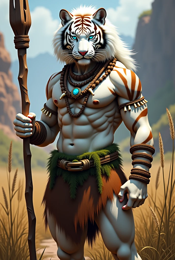 Highly detailed and stylized digital artwork featuring a humanoid tiger warrior. The subject has a muscular build with white fur and brown tiger stripes. The face is distinctly feline with piercing blue eyes and a mane of flowing white hair. The character is adorned with tribal jewelry, including a necklace made of bones and beads. The warrior is holding a wooden staff and is dressed in a brown loincloth with green moss accents. The background depicts a natural setting with tall grasses and a blurred, earthy landscape, enhancing the wild and primal theme of the image.