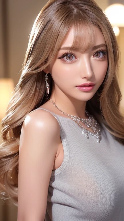 (ultra real), (shape), (High resolution), (8k), (very detailed), (Best shape), (beautiful and detailed eyes), (highest quality), (Super detailed), (masterpiece), (wallpaper), (detailed face), alone, one girl, whole body, Viewers are watching, Small eyes and mouth, detailed face, bar counter, in the dark, private key, Pure erotic face ace_v1, smile, long hair, Bright blonde straight hair, bangs, sitting in a chair, beautiful teeth, cheeks turn red, attractive appearance, blackく複雑なオフショルダーの服(black), , earrings, necklace,beautiful clavicle、blue eyes、bright red lipstick、high nose、