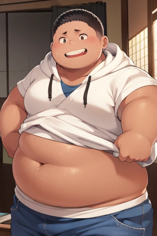 beautiful, chubby, (very short hair),pudgy face, (naughty) (high school students),((young)), (androgynous), (boyish), (handsome), thick, (shota), overweight, (beefy), (nipples), (cute), (little brat), (naughty brat), (へそ), (ぽっちゃりした体), big belly, (汗ばんだ体), (臭そうな体),