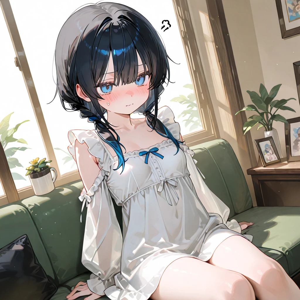 (highest quality、masterpiece、Shining eyes、Kirasta)1 girl, bed_sheet, black_leg wear, blush, chest, cleavage, clavicle, Covering, Covering_chest, crossed_arm, green_eye, Moderate_chest, foggy_belly button, nude, orange_hair, short_hair, ~ side_ponytail, sign, sitting, alone, Thighhighs, topless, 、beautiful anime