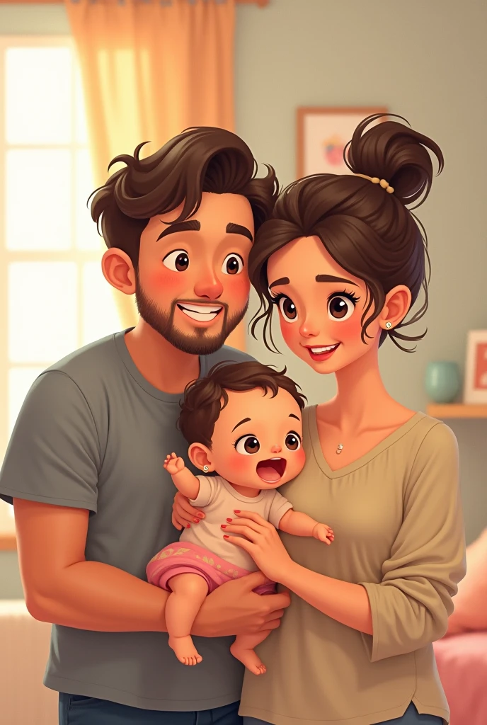 Animated couple young 1 white skinned brown haired girl together with a one year old baby girl and her 40 year old medium dark skinned boyfriend