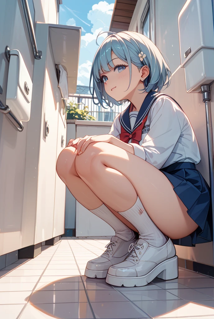 Sexy junior high school student　White Hair　,patience , Sit down(rubbing the crotch),School toilets (( Humiliated,Pee))), ((Shyly)), 股間から滴る透明なPee, ,