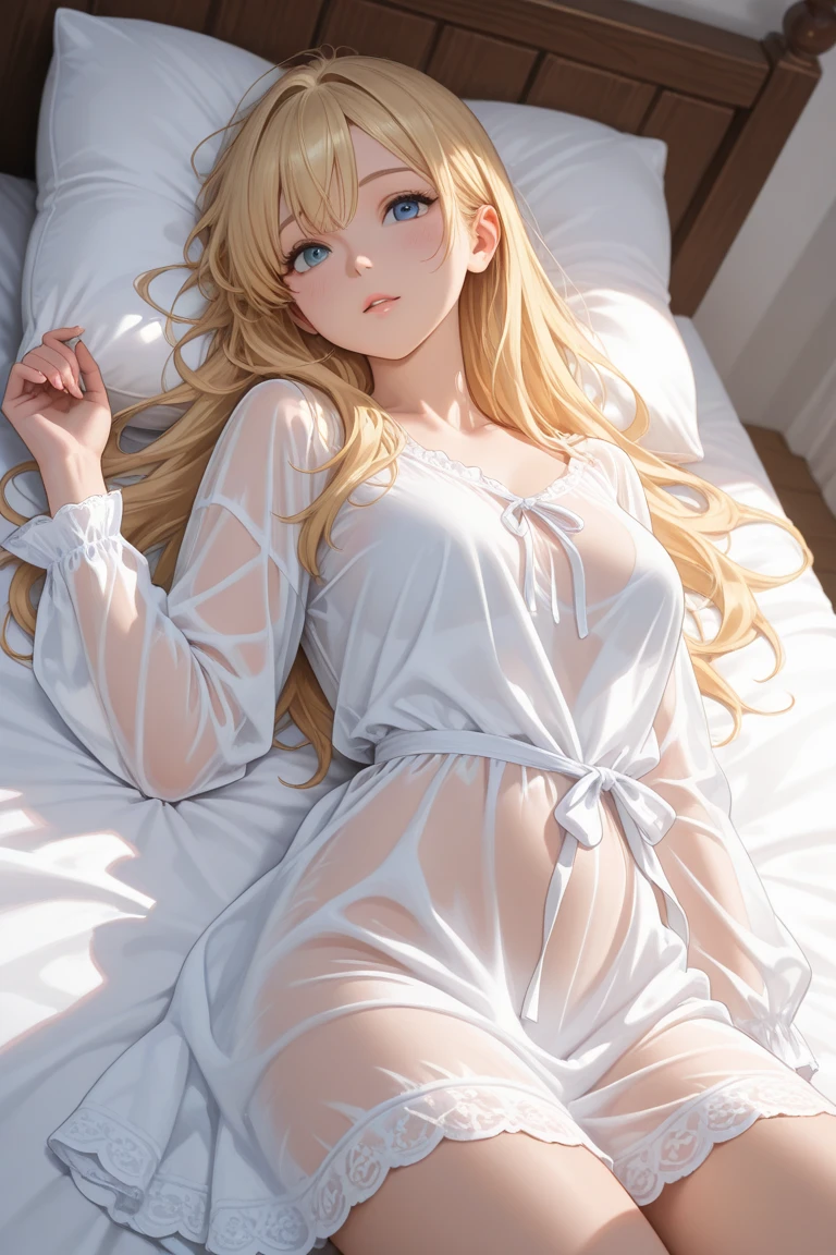 Absurd resolution, high resolution , high quality, (masterpiece:1.4), ultra-detailed ,super detailed skin, (((Solo))), 1girl in, Red Eyes, medium breasts, Long hair, a blond, Straight hair, Bangs, earrings, cleavage, (see-through nightgown:1.8), light smile, bedroom ,nipples