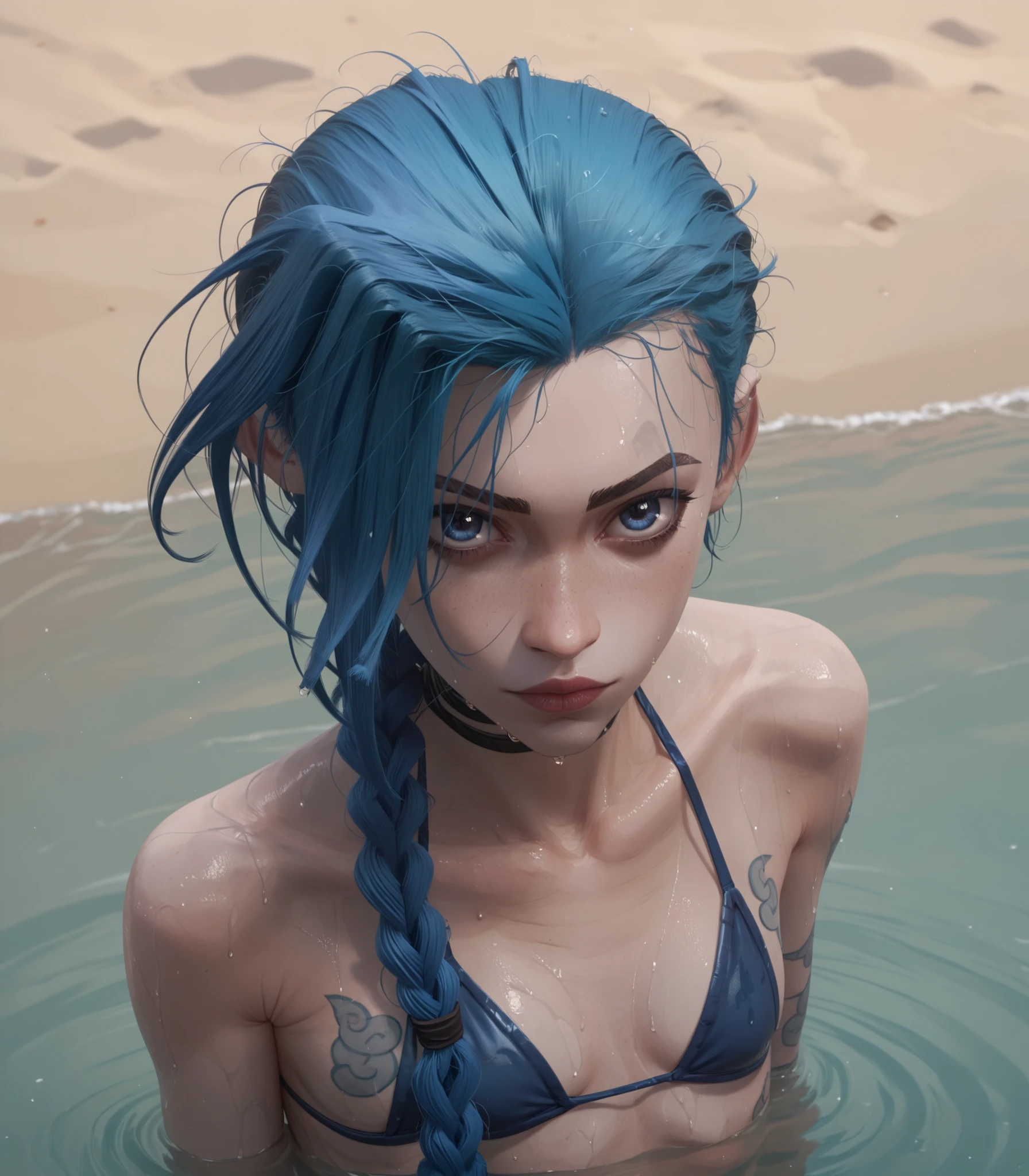 Lora: jinx, blue eyes and blue hair betting lips small breasts flat chest, in blue bikini at beach in water wet messy hair