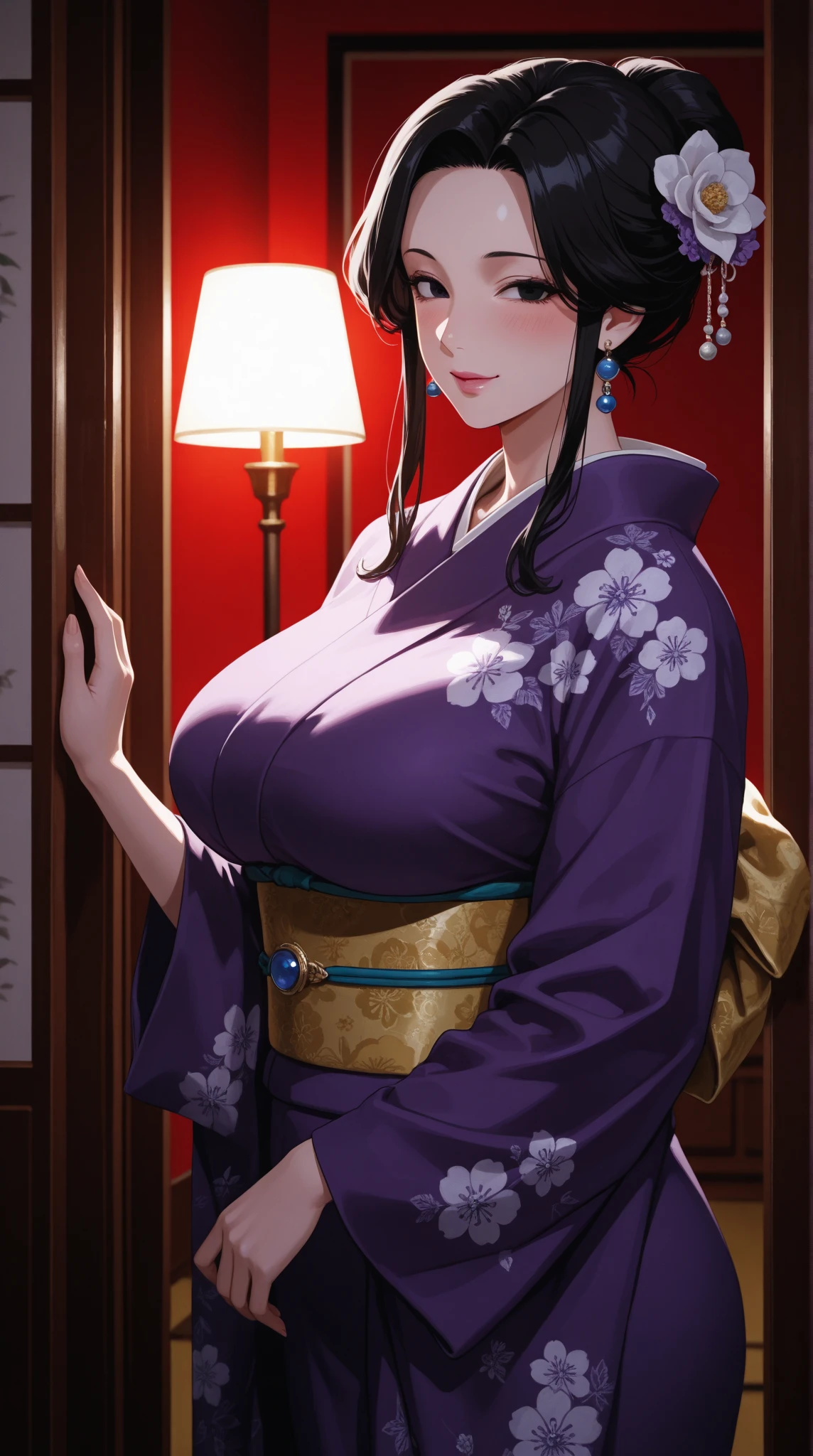 Cowboy Shot, maturefemale,1 girl, Perfect face,Vestigial face,Perfect eyes,Black_hair, long_hair, hair_Pulled_Back,parted_Lips,Purple_Eyes, white_Kimono,huge-breasted,cleavage,braid,Solo,Indoors, (masutepiece,Best Quality,hight resolution:1.2),Ultra realistic 8K CG,the Extremely Detailed CG Unity 8K Wallpapers,credibly_absurderes,Detailed shadows,flawless,clean,Cinematic lighting,Cinematic bloom