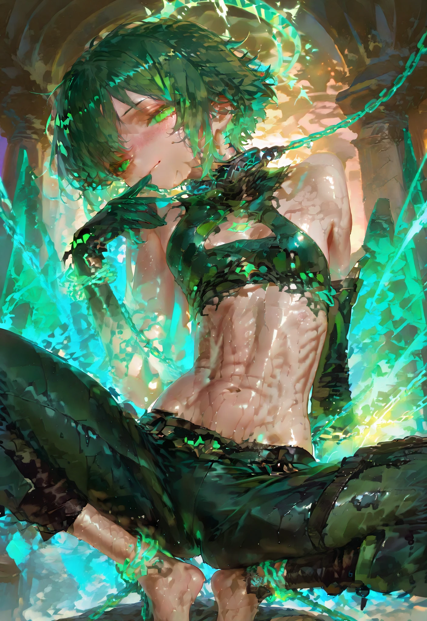 age skinny tanned mixed-race boy with freckles, glossy wet glowing skin, short messy spiky green hair with neon highlights, black faded undercut sides and back, pure glowing emerald green eyes, wearing a tight cropped green combat top with holographic armor details, revealing sculpted abs and chest, low-rise dark green tactical pants with silver trims, black torn combat straps hanging loosely, green glowing wraps around ankles, bare feet, sexy deep squat pose with legs spread wide, hips tilted, back arched slightly, playful seductive smirk, swirling glowing green magical chains wrapped around his arms and legs, chains floating in the air, holding one chain tightly with hand near mouth, flirty intense gaze, futuristic broken ruin background with floating green holograms and ancient broken statues, evening lighting, glowing mist, anime-style, highly detailed, vibrant green tone, sensual fantasy energy, dynamic and powerful