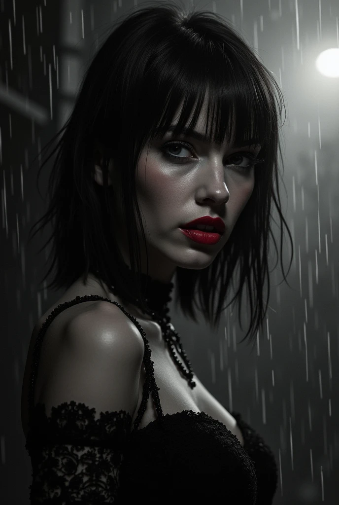 a hot lady, bare shoulder, sweaty skin droplets, shoulder off, black lips, wet hair, large shot, rainy short dark cinematic, cleavage visible, one shirt strips goes down