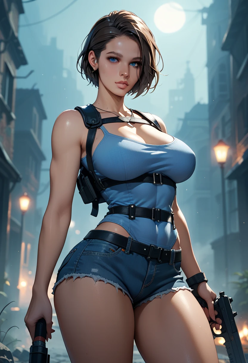 ((Jill Valentine)), masterpiece, best quality,detailed eyes, large breasts, serious expression, short hairstyle, prefect face, Cross arms over chest,tube top, off shoulder, strapless, Low-waisted denim skirt, weskitbody,In an abandoned castle, With a shotgun, from behind, long shot,