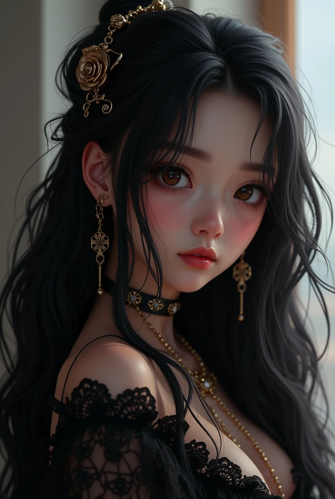 1 Girl,Long hair，Black hair， masterpiece, best quality, 8k, Delicate skin texture, Detailed fabric texture, Delicate face, Intricate details, Extremely detailed, Dark Princess Wind, Upper Body，flat chest