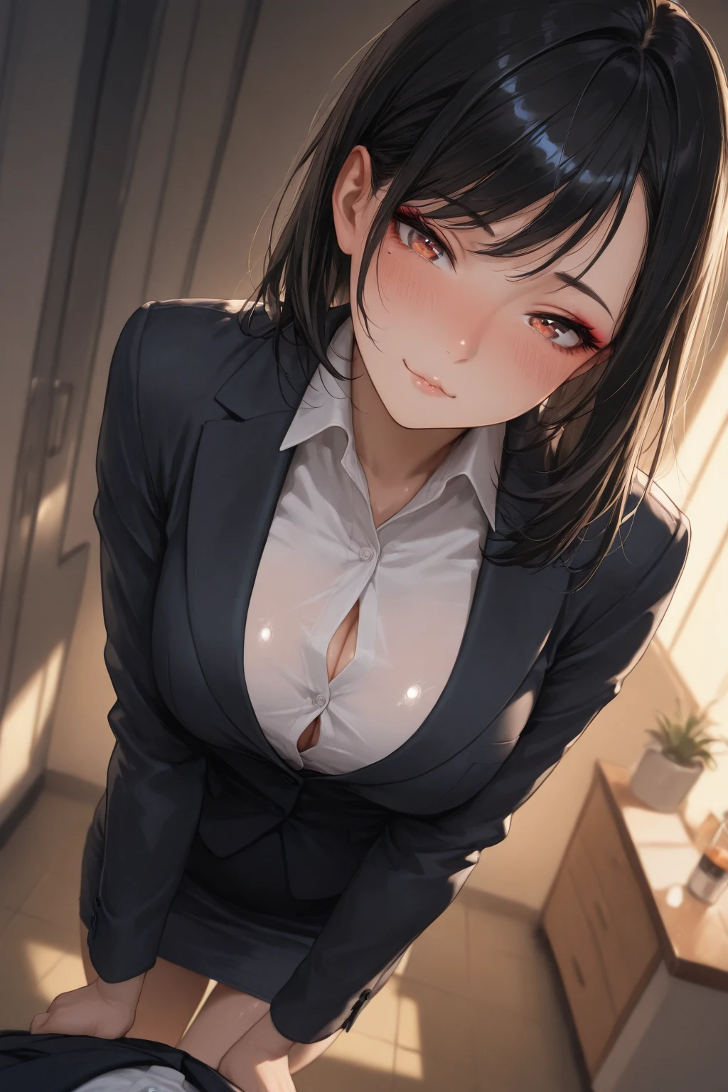(1 person、alone), Beautiful woman, (Anatomically perfect body, Slender、(OL, officeレディ:1.2)、business suit、 (Look down:1.2)、24-years-old、(Highest quality)、Black Hair, (half updo:1.2), (office)、(8K, High resolution)、(shy:1.4)、small breast, (Thin legs、Small Ass)、(steam:1.1), (embarrassed:1.3)、High definition face、(Pussy juice:1.2), (extra detailed panty), (Sit on a chair)、(Bend your knees、knees to chest:1.1), (hands to pussy:1.3), High heels