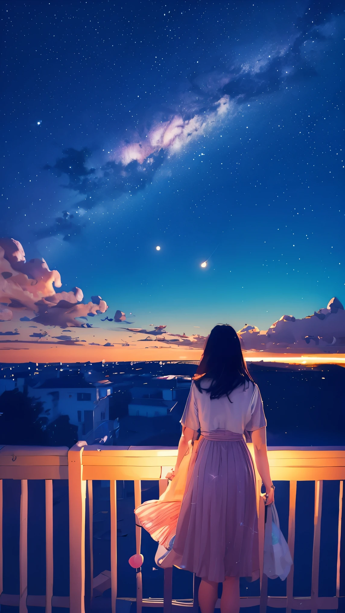 summer night、Rear View of a Pretty Girl Staring at the Milky Way、Dreaming Alone Girl、Majestic Milky Way and Clear Starry Sky、Night Clouds Illuminated by the Moon、 fantastic universe、Little Saturn