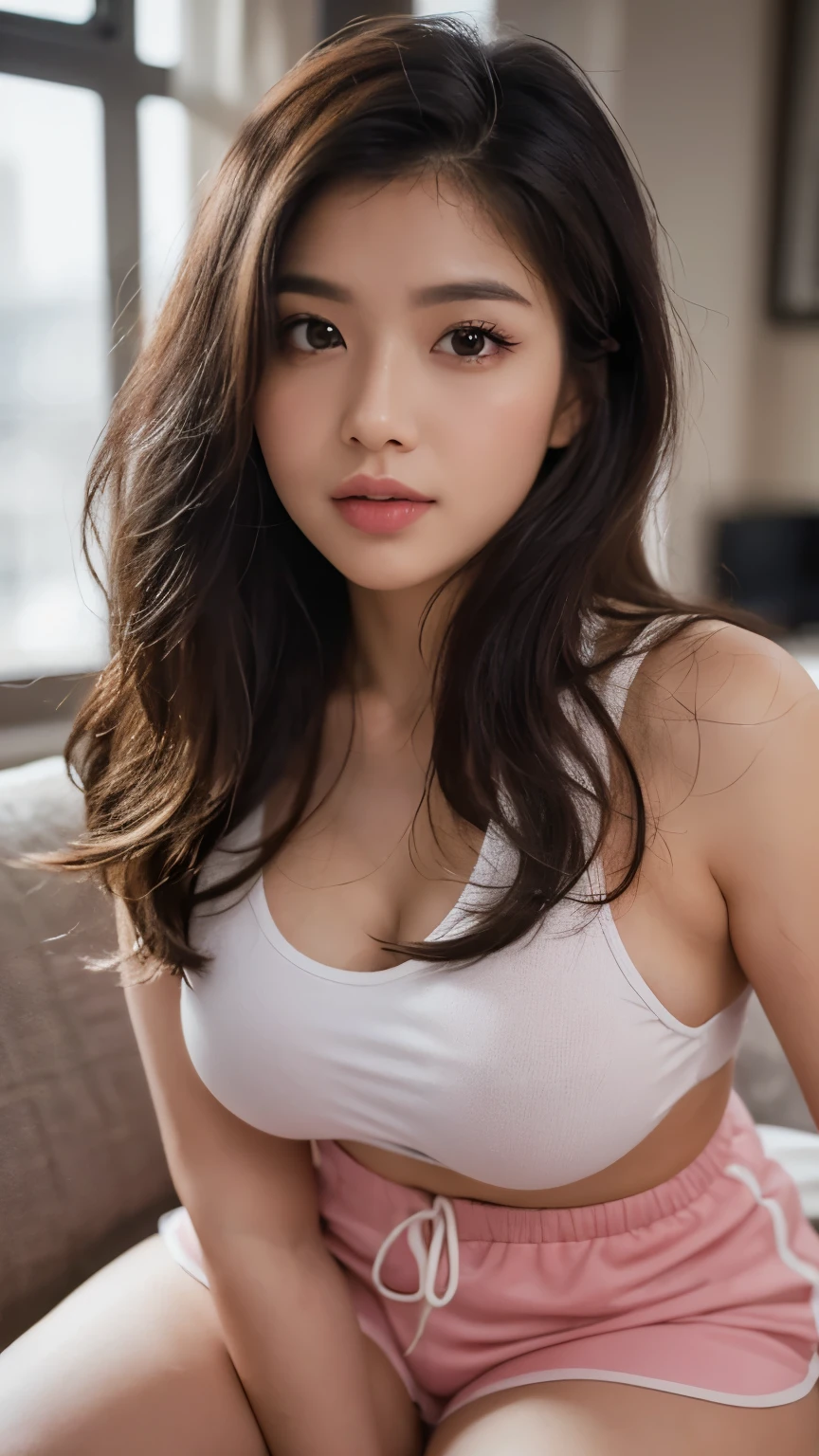 ((Perfect Anatomy:1.2,Realistic,:1.3,Raw photo:1.3,masterpiece、Highest quality、Ultra - High resolution、High resolution、Extremely detailed CG、8K)),Cowboy Shot,1 female,alone,20 year old beauty,((Beautiful and exquisite face and eyes,Big and beautiful eyes)), Brown eyes,smile,(Brown Hair,Long Hair,amount,Center parted hair:1.2、Straight hair),(Big Breasts,Cleavage,Slender body,Small Head:1.3,((skinny)),((Light grey T-shirt,ピタッとしたskinnyパンツ)),Do stretching exercises.,(((Squat,Open your feet wide)))sports gym、Crisp buttocks、sports boots、Sneakers、((Clutch your chest、Please rub my chest、Sweating on the chest))、(((Grabbing her breasts over her T-shirt)))、Sensual look、Attracting the opposite sex、Tempting、Please move your T-shirt to accentuate your cleavage.