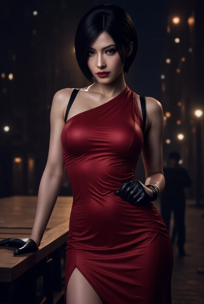cinematic photography of skinny beautiful China sensual actress Li Bingbing cosplaying as Ada Wong of Resident Evil series. Li Bingbing realistic face. She wear a very very skimpy V-neck red dress with high-slit. Li Bingbing is also pointing a rifle on a ledge, marking herself as a high-skilled sniper. Her pose while pointing a rifle is very dashing and sensual, with lifting one leg on top of the ledge to reveal her crotch and vulva, and her skimpy dress revealing her enormous breast. Cyberpunk art by John La Gatta. Trending on cgsociety. Digital art. Sexy elegant cinematic pose. cgsociety masterpiece. Stunning cgsociety. Ultra sexy pose. cgsociety - w 1 0 2 4 - n 8 - i, red and cinematic lighting, cgsociety )