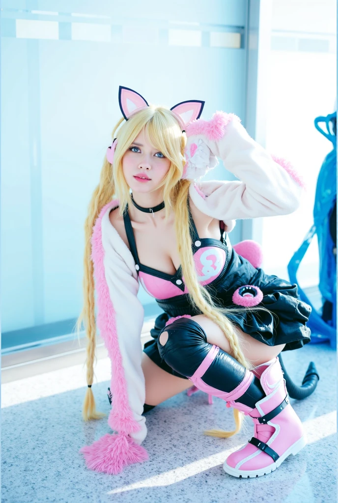 (RAW Photo, Best Quality, Masterpiece: 1.2), (Realistic, Photo Realistic: 1.4), (Masterpiece: 1.4), (Best Quality: 1.4), 1 Girl, Solo, :d, Animal Ear Headphones, Animal Ears, Arms Up, Bangs, Blush, Tights, Breasts, Rabbit Pose, Clothes Writing, Covering Belly Pollar, Denim Shot, Crop Jacket, Fake Animal Ears, Gloves, Outdoor, Morning, Snow, Hair Intake, Headphones, Impossible Tights, Impossible Clothes, Jacket, Room, Latex , latex tights, long hair, long sleeves, looking at the audience, room, multicolored gloves, open mouth, pink tights, pink eyes, red eyes, red jacket, shiny clothes, shrugged\(clothes\), sideburns, skin tightness, smile, thigh gaps, thighs, double tails, very long hair, white gloves, white hair, alice \ (nikke\), (shiny skin), reality,
