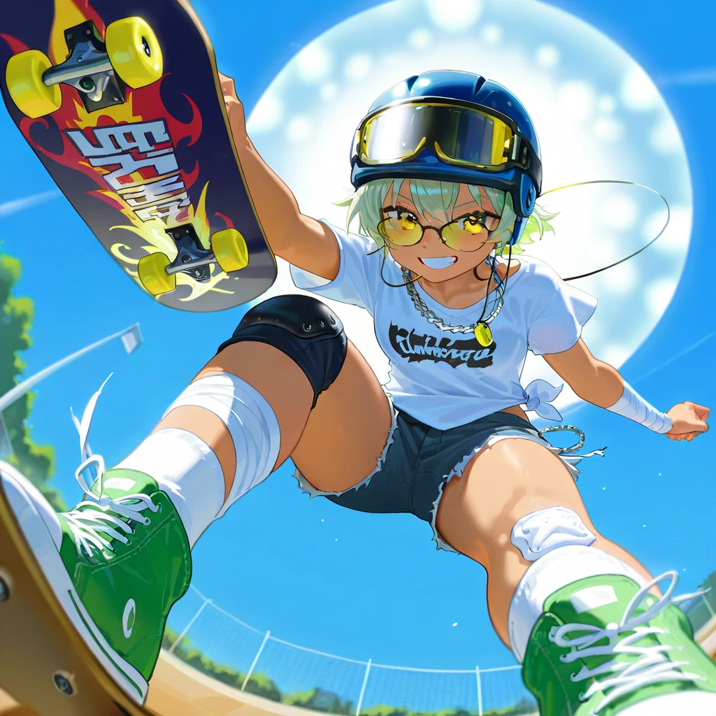 <lora:JackieLynn-10:0.8> 1girl, solo, smile, short hair, blonde hair, white background, sitting, green eyes, multicolored hair, shoes, shorts, socks, streaked hair, kneehighs, helmet, sneakers, freckles, raglan sleeves, skateboard