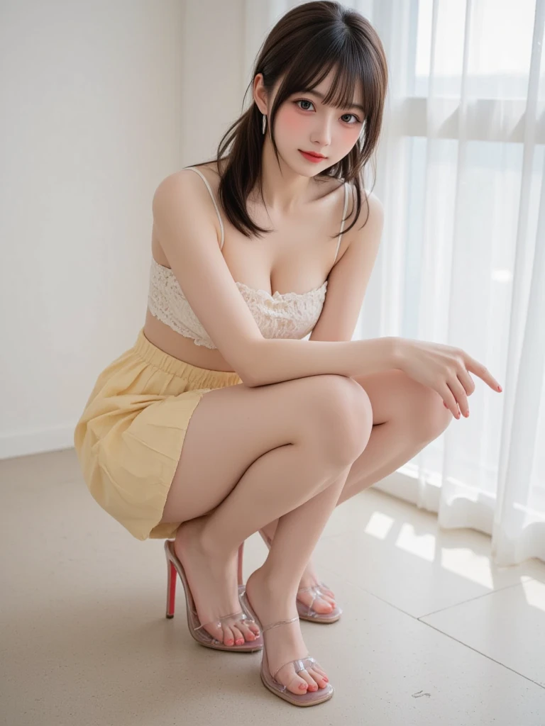 araffed asian woman sitting on a window sill in a pink dress, young sensual gravure idol, young pretty gravure idol, ayami, realistic young gravure idol, realistic sensual gravure idol, young skinny gravure idol, sophisticated gravure idol, cute seductive smile, teasing smile, friendly seductive smile, smooth pink skin, ayami koj ima
