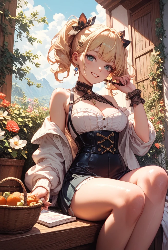 masterpiece, best quality, highres, ddhana, blonde hair, twintails, hair bow, animal ears, whisker markings, heart earrings, cat tail, bowtie, pink bow, cleavage, gothic, black dress, short sleeves, puffy sleeves, black gloves, purple skirt, argyle, pantyhose, <lora:d.va_v1:0.8>, garden, sitting, table, coffee, outdoors
