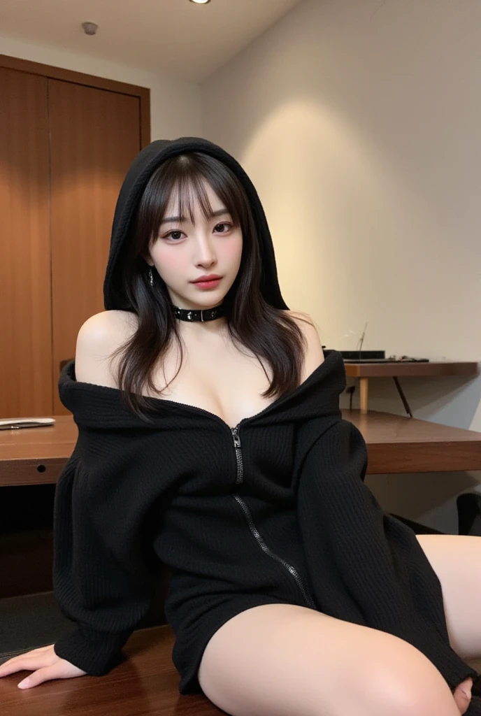 (Best quality, 8k, 32k, Masterpiece, UHD:1.2),Photo of Pretty Japanese woman, top quality, best quality, realistic, unity, 8k wallpaper, official art, extremely detailed CG unity 8k wallpaper,1girl, solo,,medium hair, (blunt bangs:1.2),looking at viewer,bangs, upper body, blurry, (smile:1.1),(high detailed skin),realistic body,((stoop)),(huge breasts),cleavage,sit down,slouching, cute girl, famous japanese idol,hands off screen,<lora:猫耳服:0.4>,oversized_hoodie,Hood and cap,cat_ears_cap,(random color lace underwear),cat_ears,((sitting on a bed)),bedroom