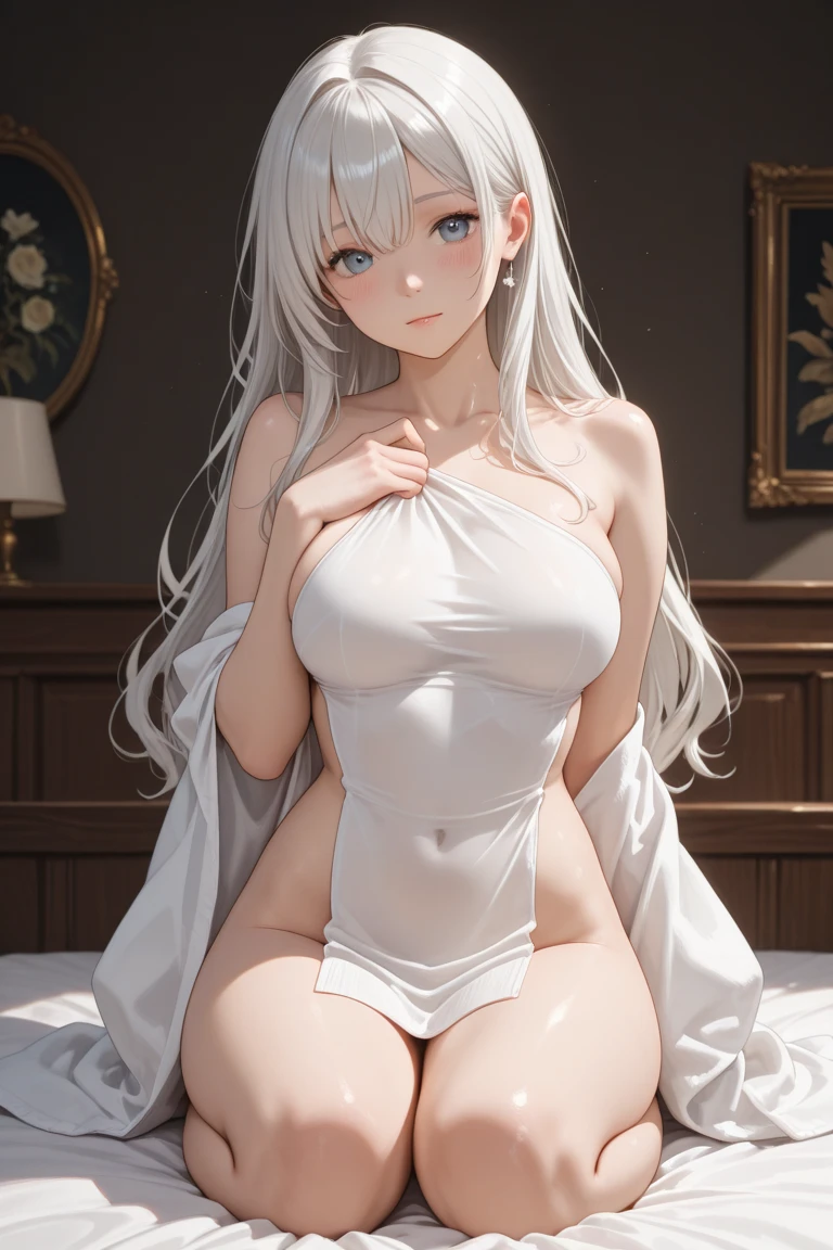 masterpiece, best quality, shadows, dynamic angle, up view, perfect hands, perfect legs, perfect anatomy, pretty face, mature features, 1 girl, 21 years old, mature woman, sexy sleep dress, bedroom background, in the bed, white long hair, thighs, ass, breast, seductive, spicy, posing, cinematography lights,
