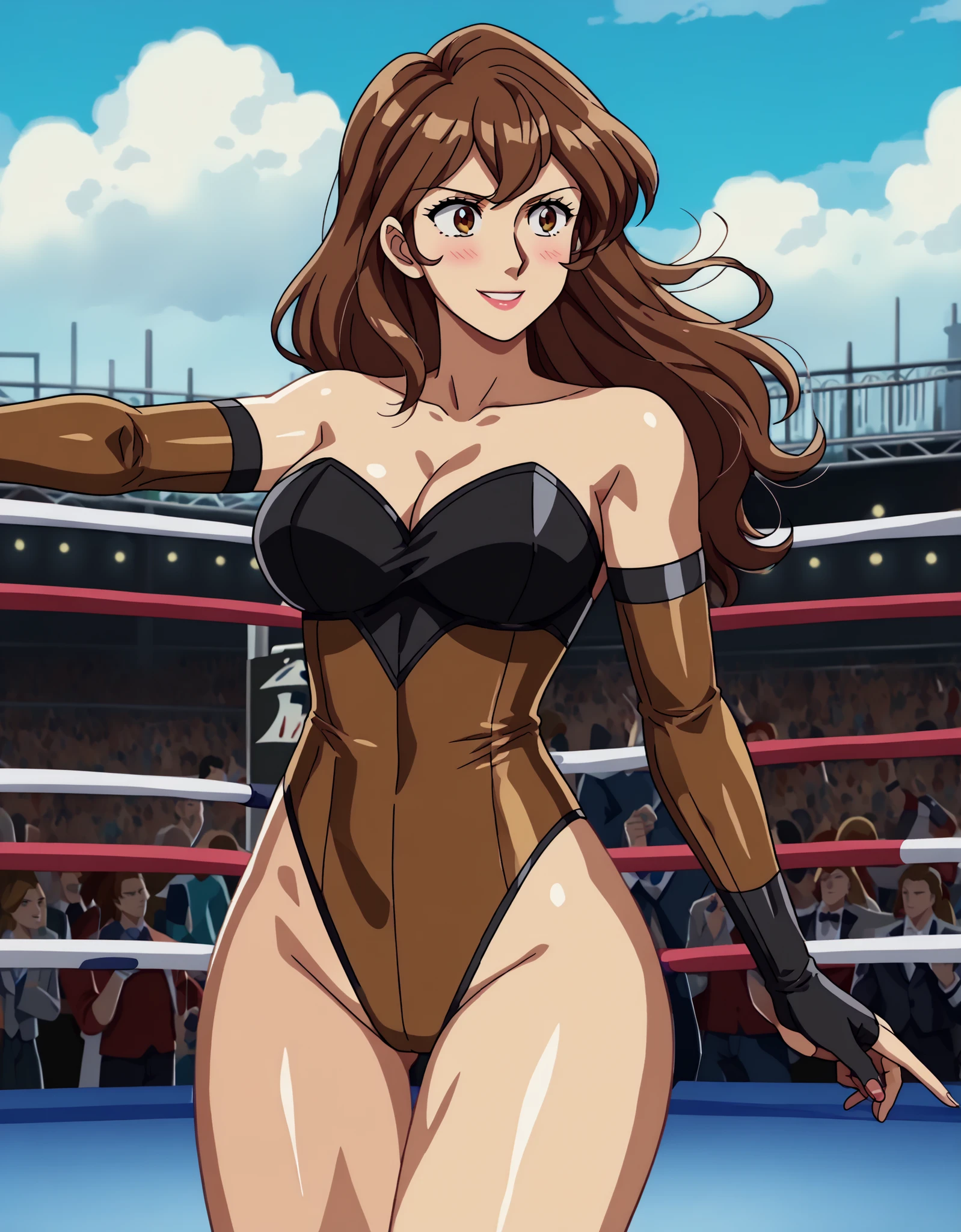 cowboy shot, upper body view, anime style: 1.8, anime drawing, ultra detailed face, ultra detailed body, 4k, Sumergai Lee Noriega, (standing), best quality, anime style, hires, highest definition, digital blending, bold drawing lines, ((slender body, female wrestler), (location: wrestling arena, crowds watching), (weak body, slender body, broad shoulders), ((white micro bikini, white boots, white gloves, collar)), victorious, winner, smile, , (big breasts), (big eyes, brown eyes), (warming up), (brown hair, loose hair, curly hair, wavy hair, long hair, missy hair), 27 years old,