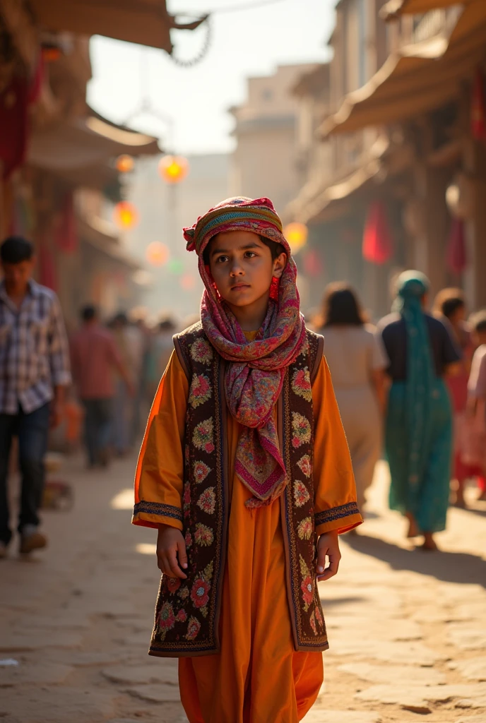 Cute Moroccan Arab kid wearing traditional clothes at a fashion show in Rabat in a realistic full body style