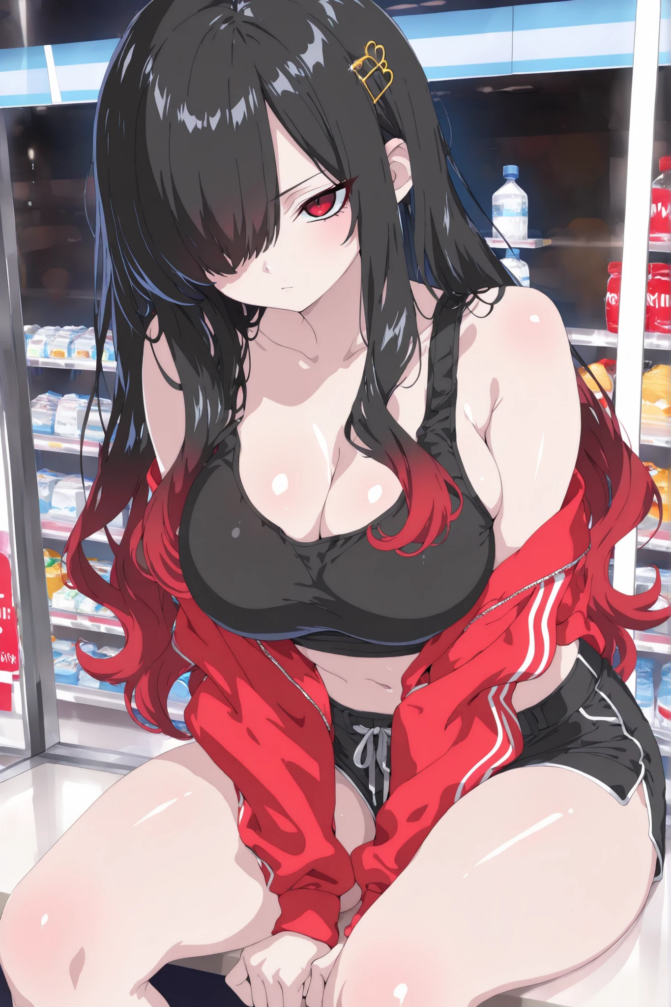 1 girl, Kuroki Monika, red eyes, gradient hair, black hair, red hair, long hair, asymmetrical hairline, hair over right eye, ((large breasts)), (petite but curvy), very cute, lovely, yellow hairpin, red jacket, black crop top, black shorts, cute, serious face, Sitting in front of a Convenience store, background konbini, sitting, arms between her legs, slightly bent forward, solo, beautiful eyes, vivid colors, charming, masterpiece, best quality, very aesthetic, high resolution, absurd, Shining Style Art, masterpiece, best quality, very aesthetic, highres, absurdres,748cmstyle