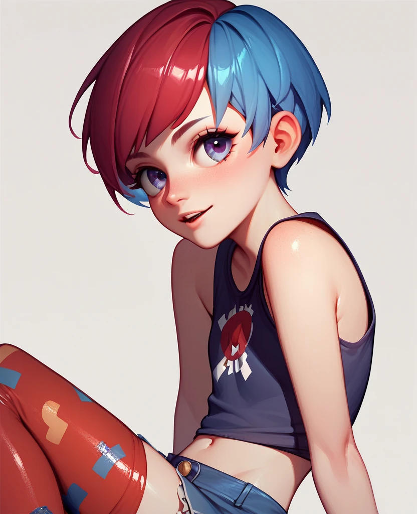 Penny, thighhighs, tanktop, midriff, red and blue hair 