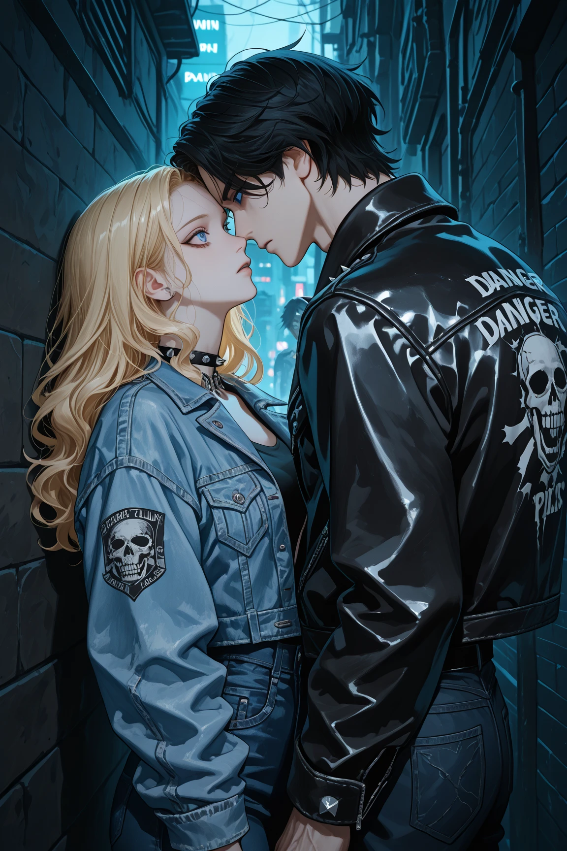 Marvel's Ghost Rider (portrayed by Taylor Swift, leather jacket, leather pants, flaming skull head, gloves, several hell chains wrapped around forearms), night, downtown Tokyo