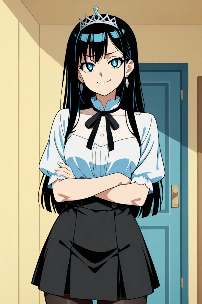 1人,von vorne,mid large breasts,arms behind back,stehend im wohnzimmer,Perfect Body,sweet smile
