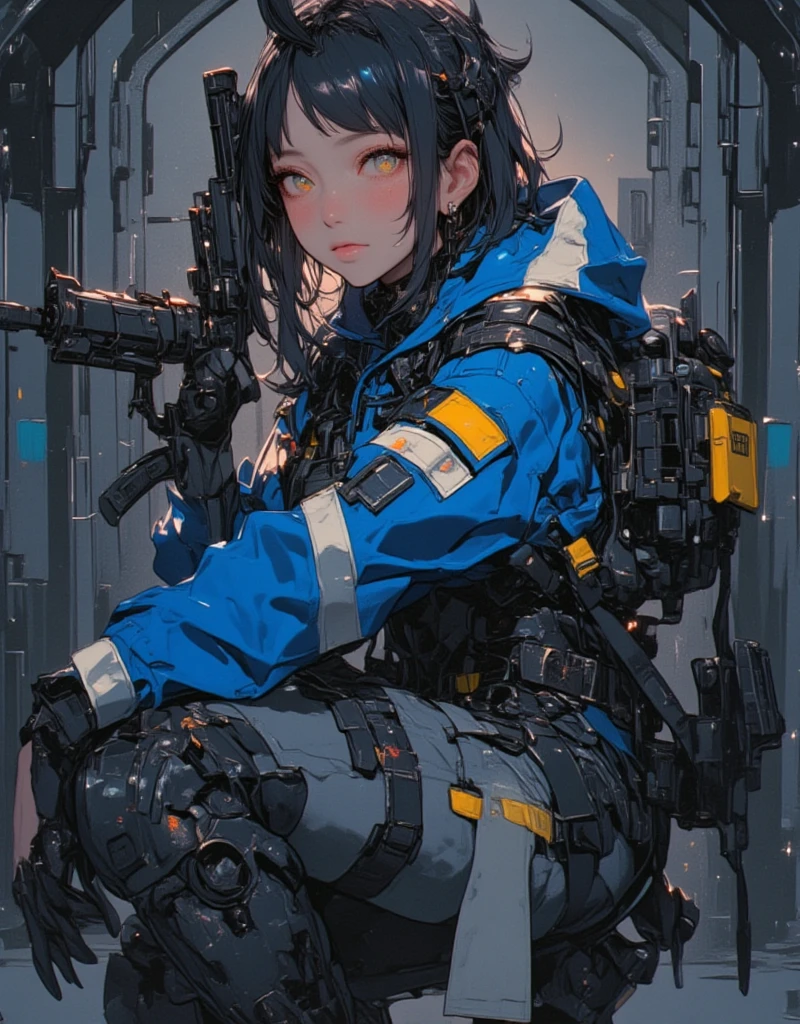 fisheye photo, 1cute girl with techwear clothes, mechanic spider, circles, fractals, 32k, uhd, 4x ultra sharp, cinematic, (art with black outline) by Yoshitaka Amano, Travis Charest